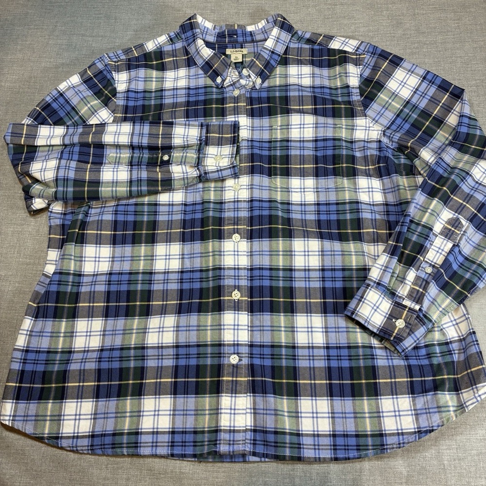 L.L. Bean Womens Blue Plaid Shirt XL Petite Long Sleeve Pocket Organic Cotton